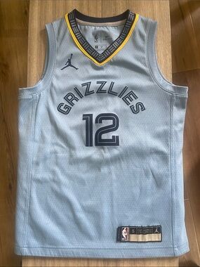 Jordan Light Blue Grizzlies #12 Basketball Jersey with Navy and Yellow Trim